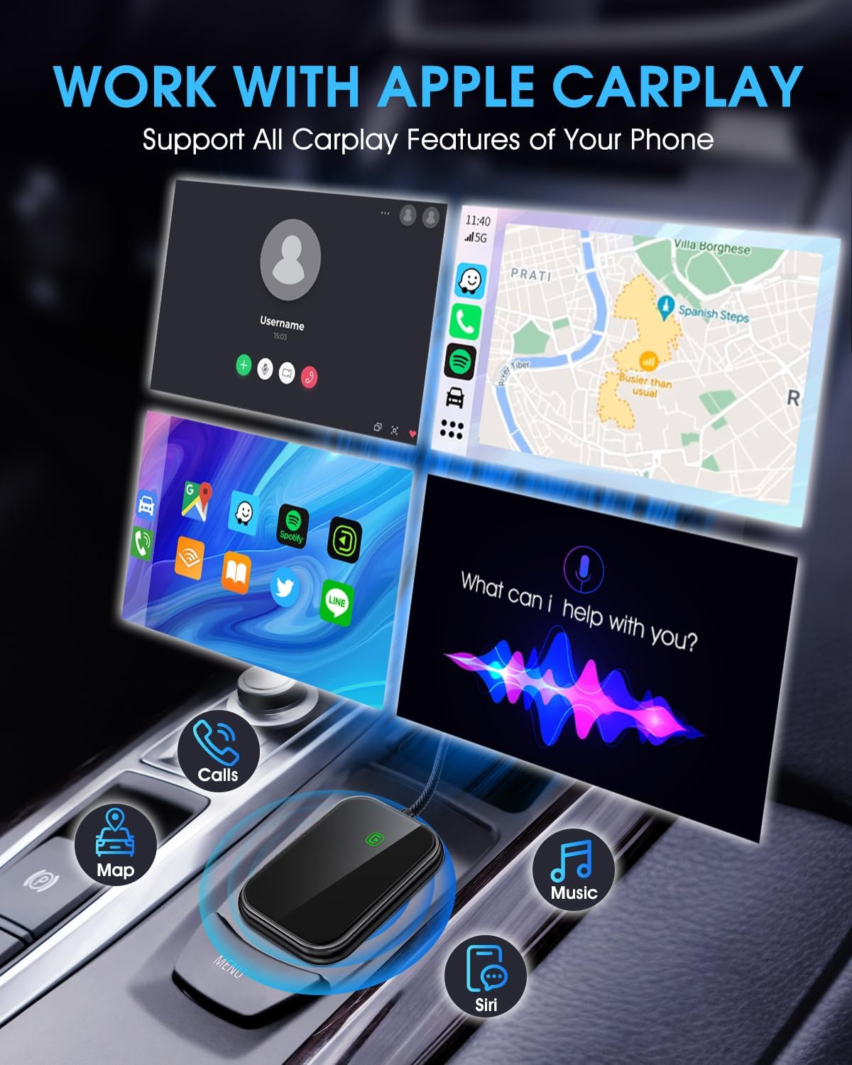 Wireless CarPlay Adapter - Fast & Stable Connection for Carplay Wireless Adapter Convert Factory Wired to Wireless CarPlay Dongle Plug & Play Car Play Fit for iPhone iOS 10+ (Black)