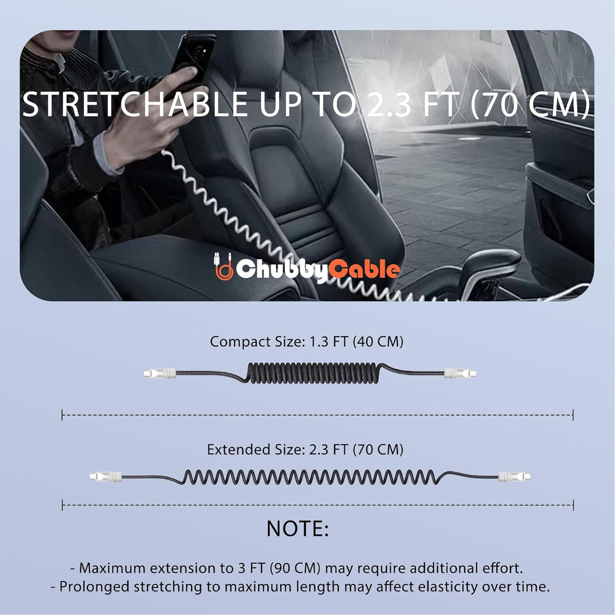 chubbycable Curly Chubby - Retractable Fast Charging Cable 240W Coiled Charger Cord for Car Durable USB-C Cable for Phones, Tablets and More, Green, Type-C to Type-C, 1.3FT-2.3FT