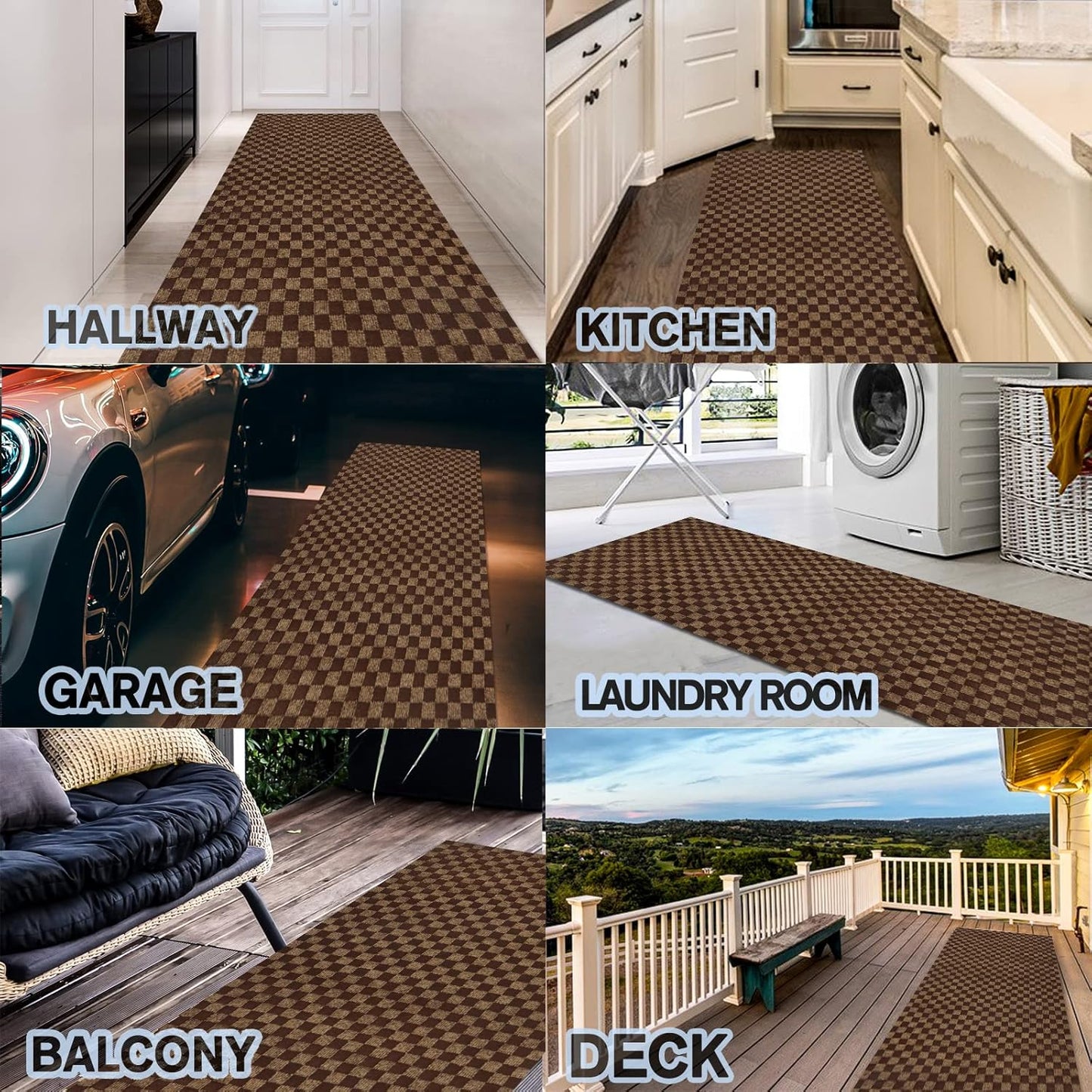 Custom Size Backed Non-Slip Area Rugs Runner, Easy Clean, Waterproof Runner Rugs for Hallway Entryway, Kitchen, Laundry, 3FT x 71FT, Brown Checkered
