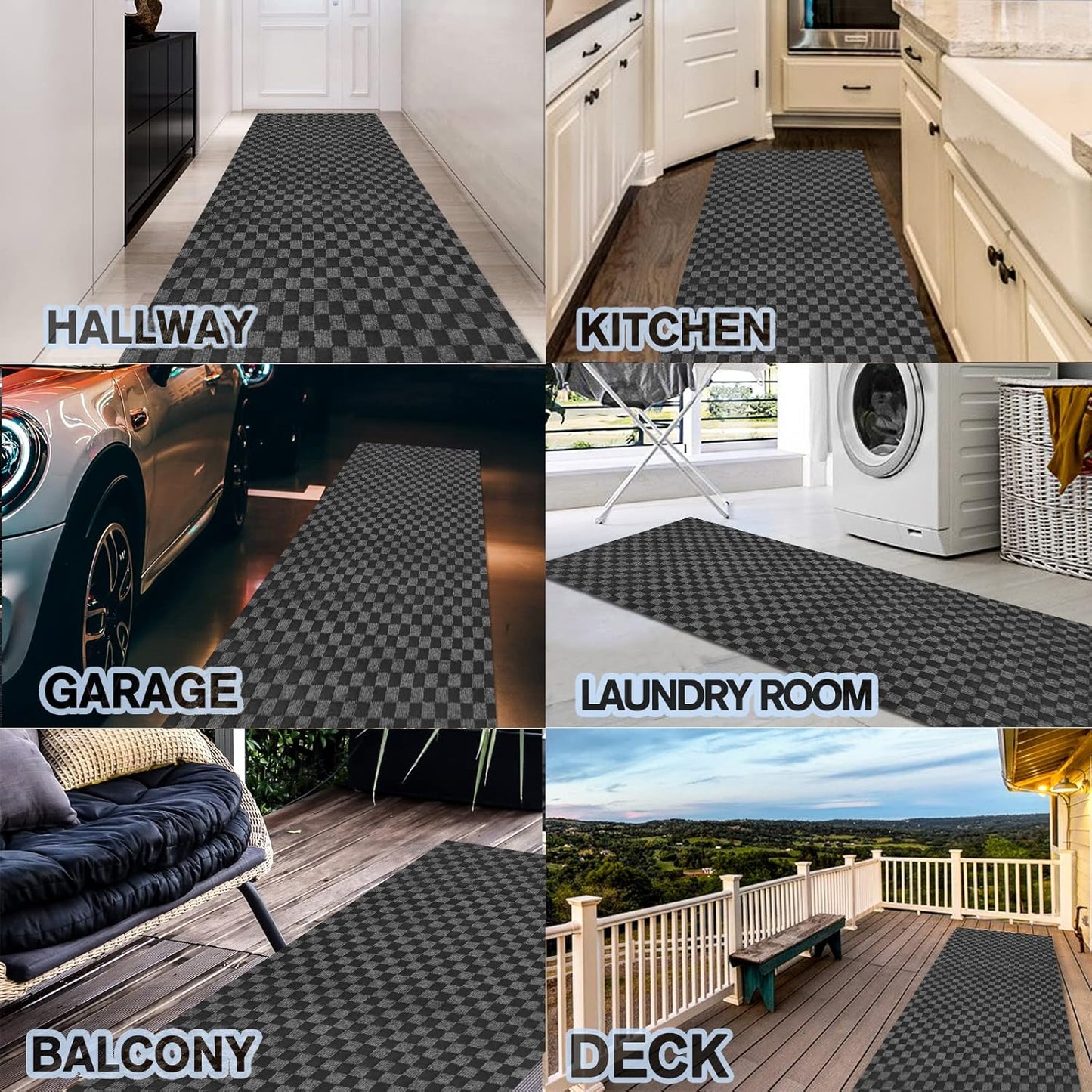 Custom Size Backed Non-Slip Area Rugs Runner, Easy Clean, Waterproof Runner Rugs for Hallway Entryway, Kitchen, Laundry, 4FT x 70FT, Gray Checkered