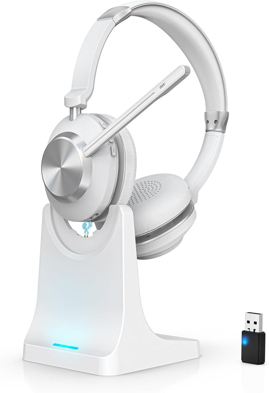 Wireless Headset with Mic for Work, Bluetooth Headset with Microphone (AI Noise Canceling & Mic Mute), Wireless Headset with USB Dongle & Charging Dock for Work/Home/Office/Call Center/PC/Laptop/Zoom
