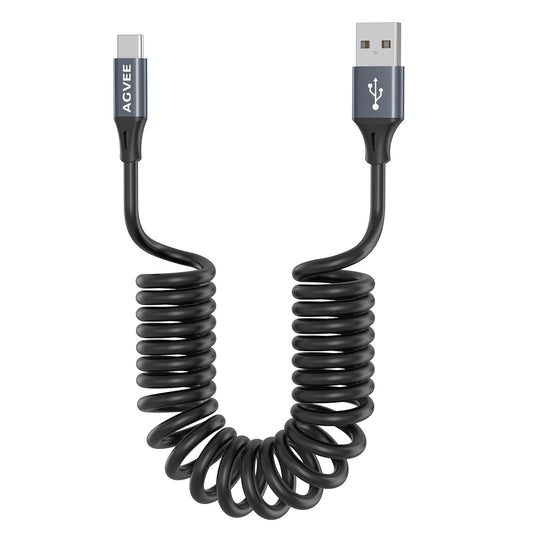 AGVEE 2 Pack 5ft Coiled Short USB to USB-C Charging Cable [USB-IF Certified] 3A Fast Charger Cord in Car for iPhone 16/15 CarPlay, Galaxy S25 S24 S23 S22 S21 S10 S9 S8, Google Pixel, Dark Gray
