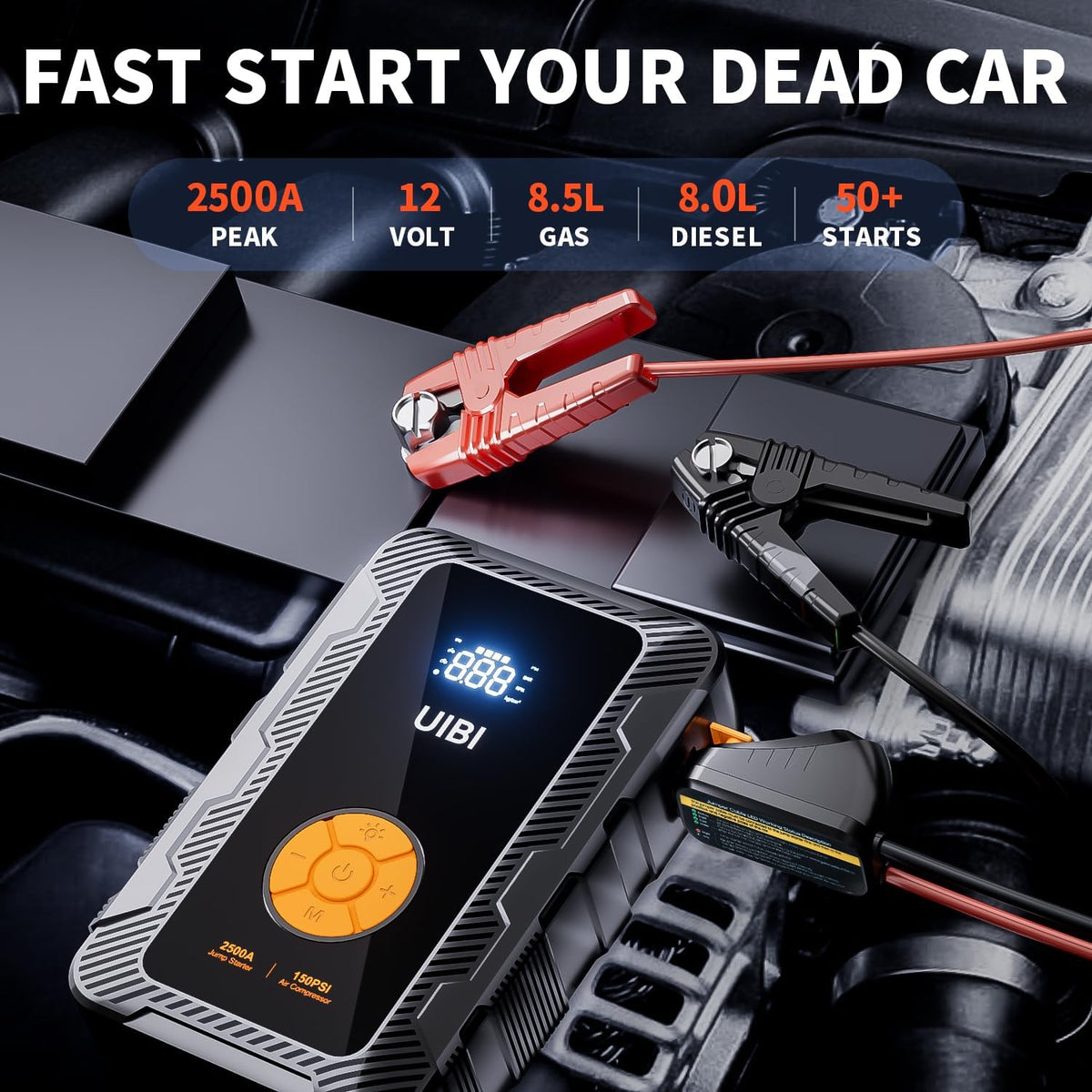 X6 Jump Starter with Air Compressor 150PSI, 2500A Car Battery Jumper Starter Portable Pack with TypeC45W, 20000mAh Tire Inflator 12V Jump Box Booster Charger Cables for 8.5L Gas 8L Diesel Engine