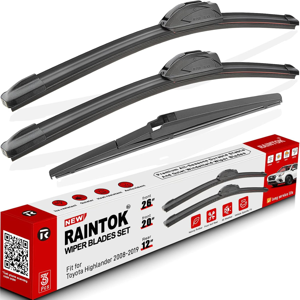 Windshield Wiper Blades Replacement for Toyota Highlander 2008-2019 Original Factory Quality Front Rear Wipers Blade Set for My Car - 26" 20" 12" (Pack of 3)