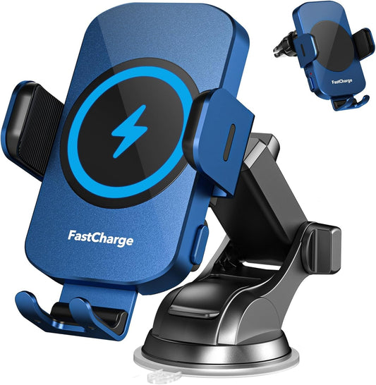 Wireless Car Charger, Fast Charging 15W Auto Clamping Car Charger Phone Holder Phone Mount for iPhone16 15 14 13 12 11 Pro Max Xs, Samsung Galaxy S23 Ultra S22 S21 S20 S10+ Note 9, etc(Blue)