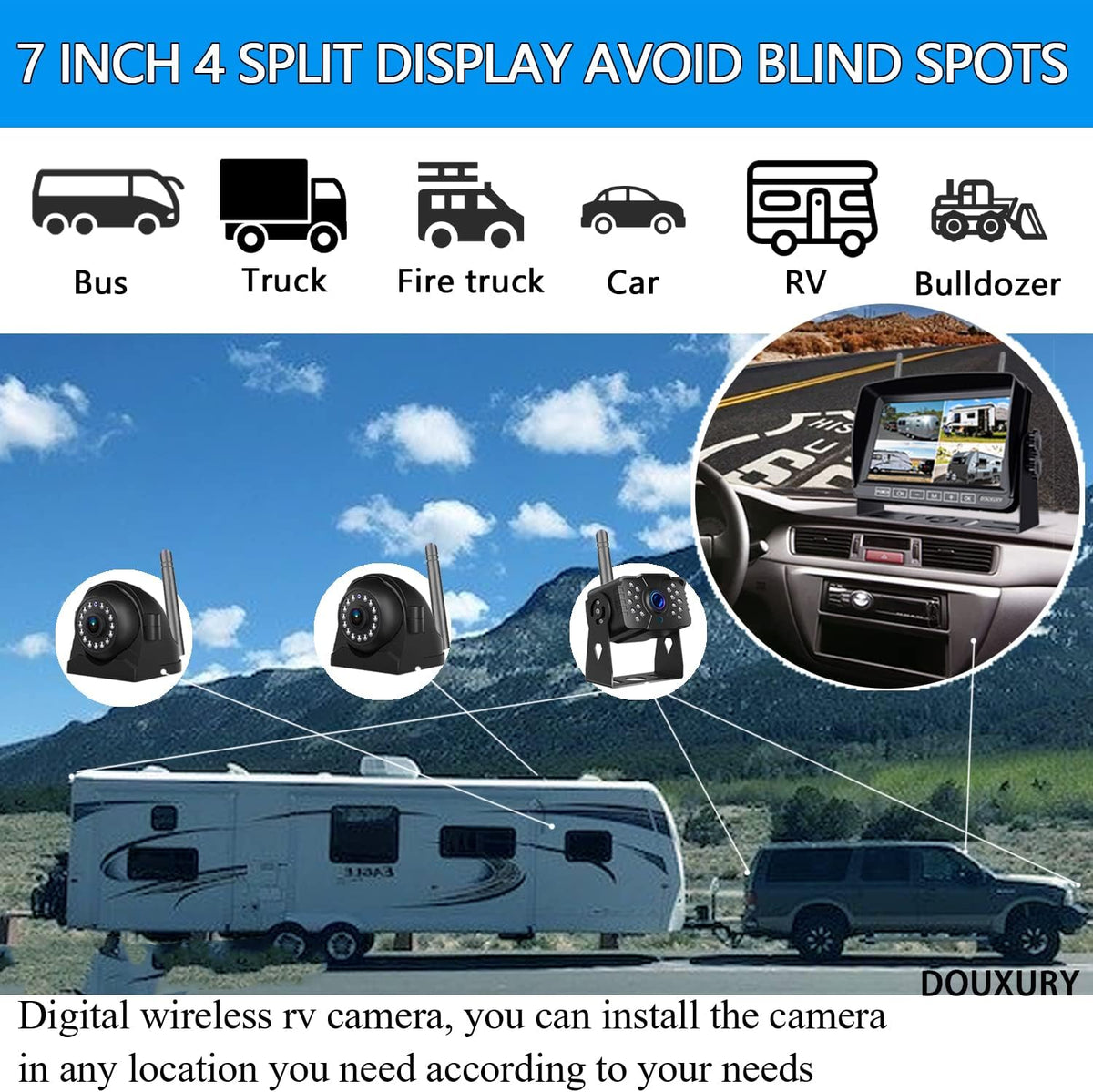 Wireless Backup Camera for RV Truck Trailer Camper Bus 5th Wheel 3 Rear/Side View Cameras 1080P 4-Split 7" Screen with Adapter for Furrion Pre-Wired Night Vision IP69 Waterproof 170° Wide View Angle