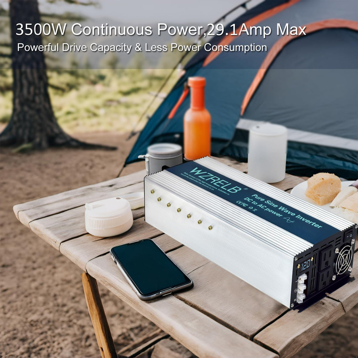 WZRELB 3500W Pure Sine Wave Inverter, Car Power Inverter 24V DC to 110V 120V AC Converter for RV, Truck, Solar, Outdoor with Dual AC Outlets, Hardwire Port, Surge 7000W, LED Display,Off-Grid