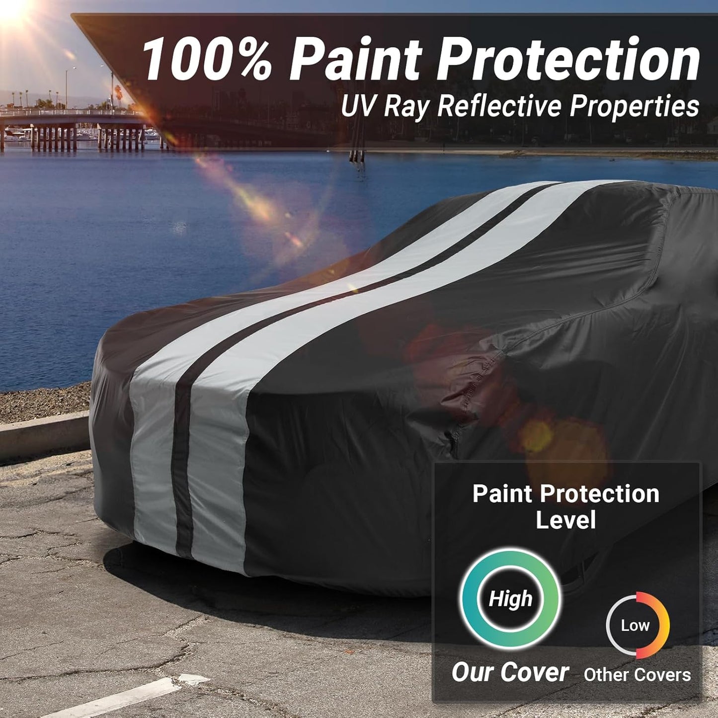 iCarCover Custom SUV Cover for Pontiac Trans AM (1974-1981) Waterproof All-Weather Rain Snow UV Sun Protector Full Exterior Indoor Outdoor Car Cover (Stripe - Black/Gray)