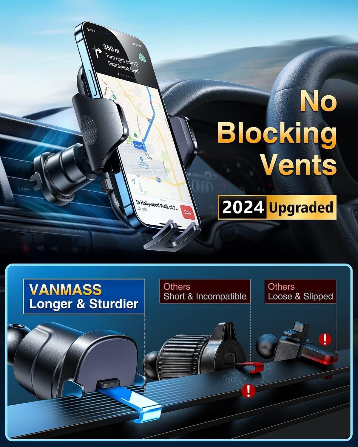 VANMASS Ace Car Phone Holder Mount New Upgraded [Military Steel Hook & Super Suction Cup] Handsfree Cell Phone Holder Car Dash Windshield Air Vent Stand for iPhone 14 13 12 Pro Max Samsung Truck,Blue