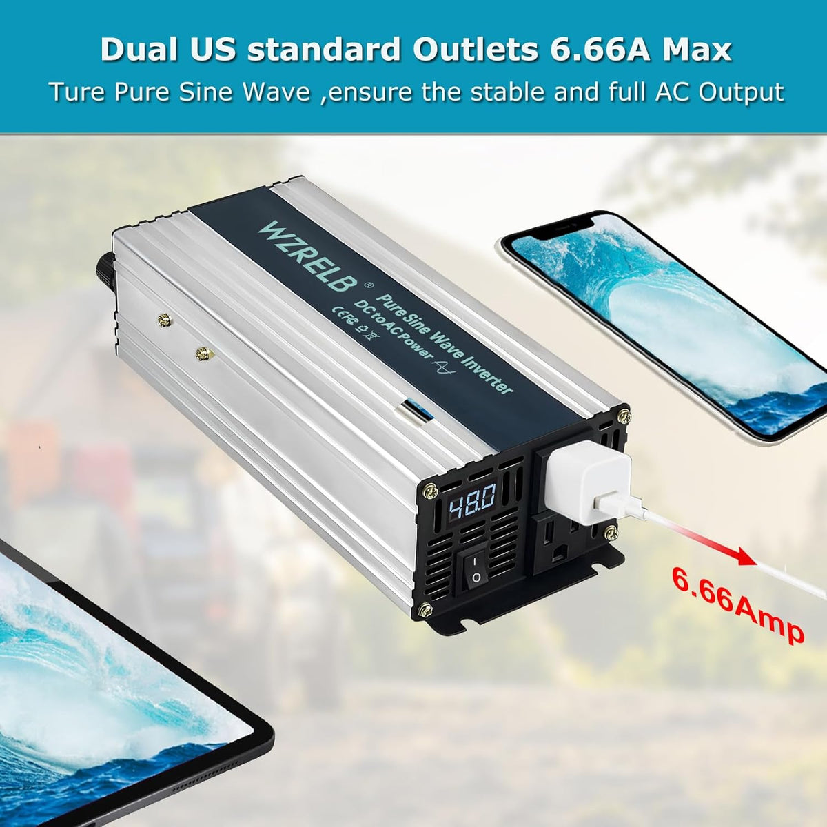 WZRELB 800W Pure Sine Wave Inverter 48V DC to 110V 120V AC Power Converter with LED Display, Off-Grid Portable Power Inverter with 2 AC Outlets for Home, RV, Truck, Camping