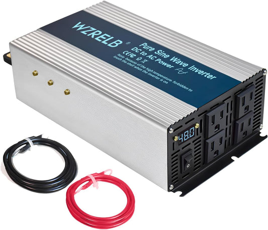WZRELB 1800W Pure Sine Wave Inverter 48V DC to 110V 120V AC,Car Power Inverter with 4 AC Outlets, LED Display,Off-Grid Portable Power Converter for Home, RV, Truck, Camping