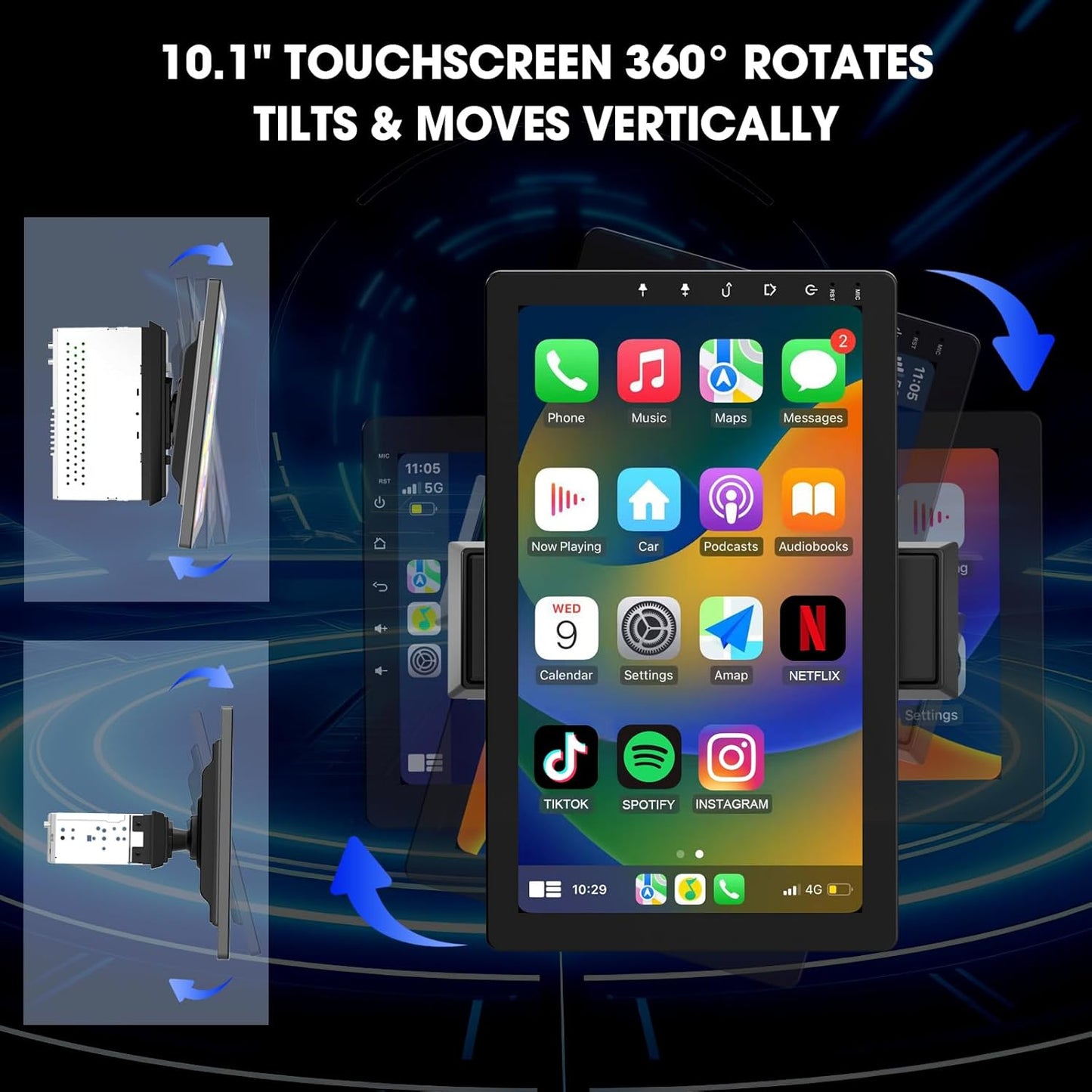 10.1 Inch Rotatable Carplay Screen for Car and Android Auto,Single Din Car Stereo with 1080P Backup Camera,Touch Screen GPS Navigation,Bluetooth,Voice Control