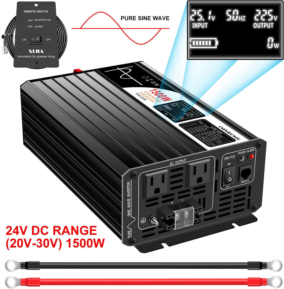 Xijia 1500W(Peak Power 3000W) Pure Sine Wave LCD-Display DC 24V Inverter AC 120V 60HZ Solar Inverter for Home rv Truck Use car (DC24V (Range 20V-30V) 1500W)