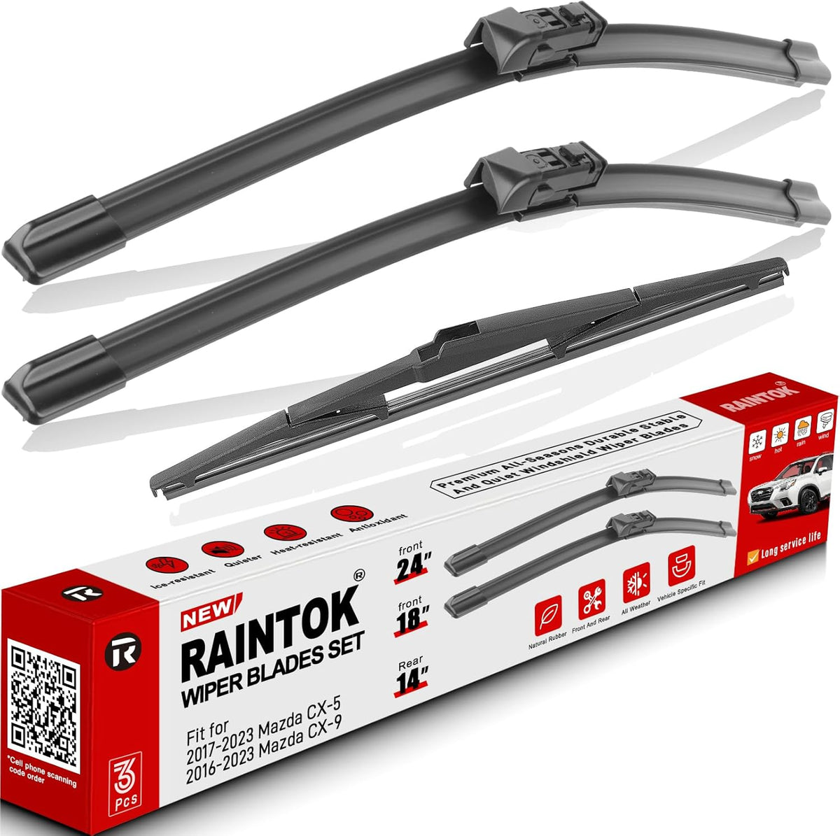 Windshield Wiper Blades Replacement for Mazda CX-5 CX-9 2017 2018 2019 2020 2021 2022 2023 CX5 CX9 Original Factory Quality Front Rear Wipers Blade Set for My Car - 24" 18" 14" (Pack of 3)