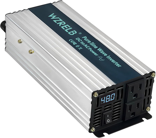 WZRELB 800W Pure Sine Wave Inverter 48V DC to 110V 120V AC Power Converter with LED Display, Off-Grid Portable Power Inverter with 2 AC Outlets for Home, RV, Truck, Camping