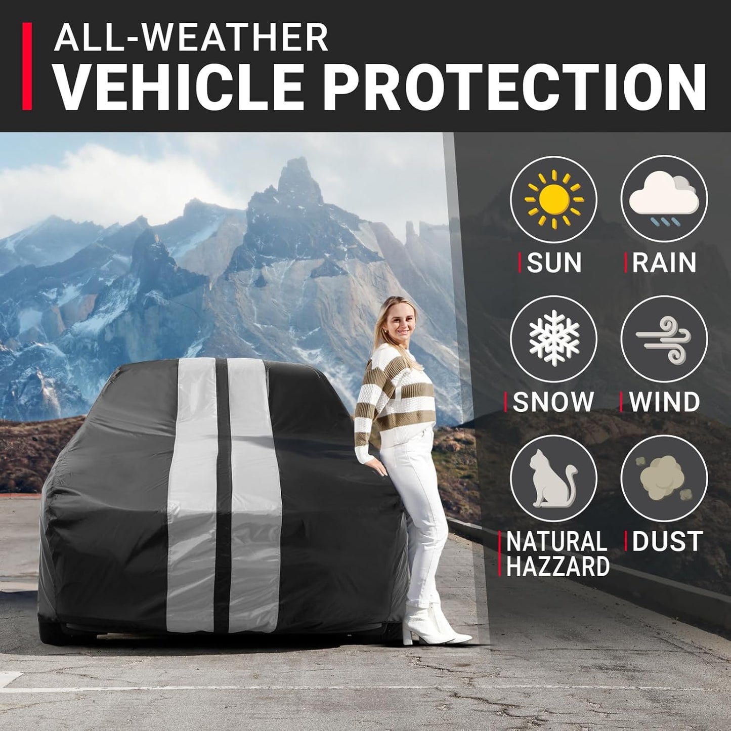 iCarCover Custom Car Cover for Pontiac Tempest 2-Door, 4-Door (1961-1963) Waterproof All-Weather Rain Snow UV Sun Protector Full Exterior Indoor Outdoor Car Cover (Stripe - Black/Gray)