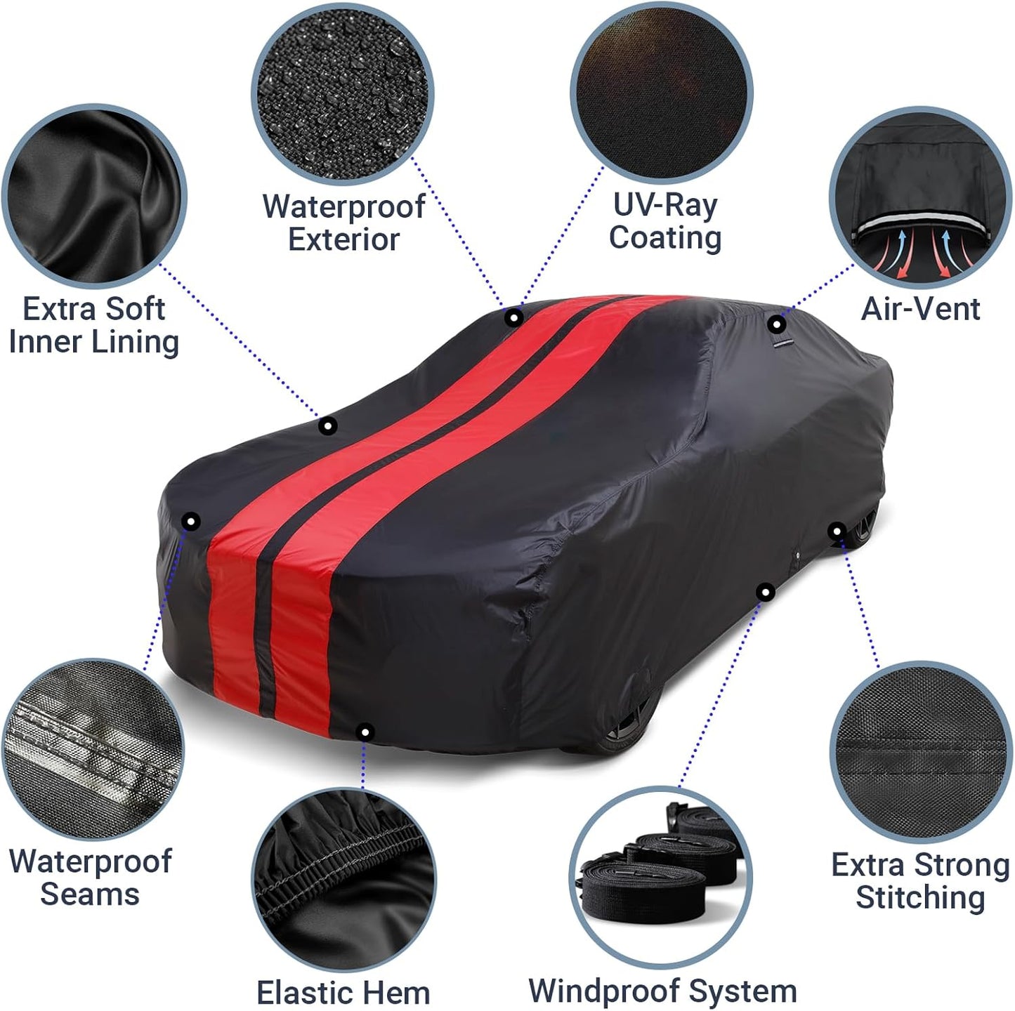iCarCover Custom Car Cover for Pontiac Grand Am (1973-1975) Waterproof All-Weather Rain Snow UV Sun Protector Full Exterior Indoor Outdoor Car Cover (Stripe - Black/Red)