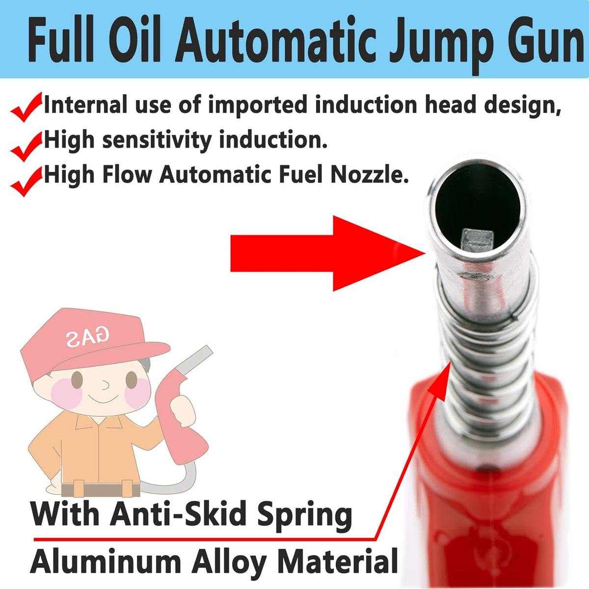 1-3/16"Automatic Fuel Nozzle, Car Fuel Filling Nozzle,Auto Shut-Off Fuel Nozzle, High Flow Automatic Fuel Nozzle, Suitable for Filling Diesel,Kerosene and Various Gasoline(inlet 1”NPT,32GPM) Red
