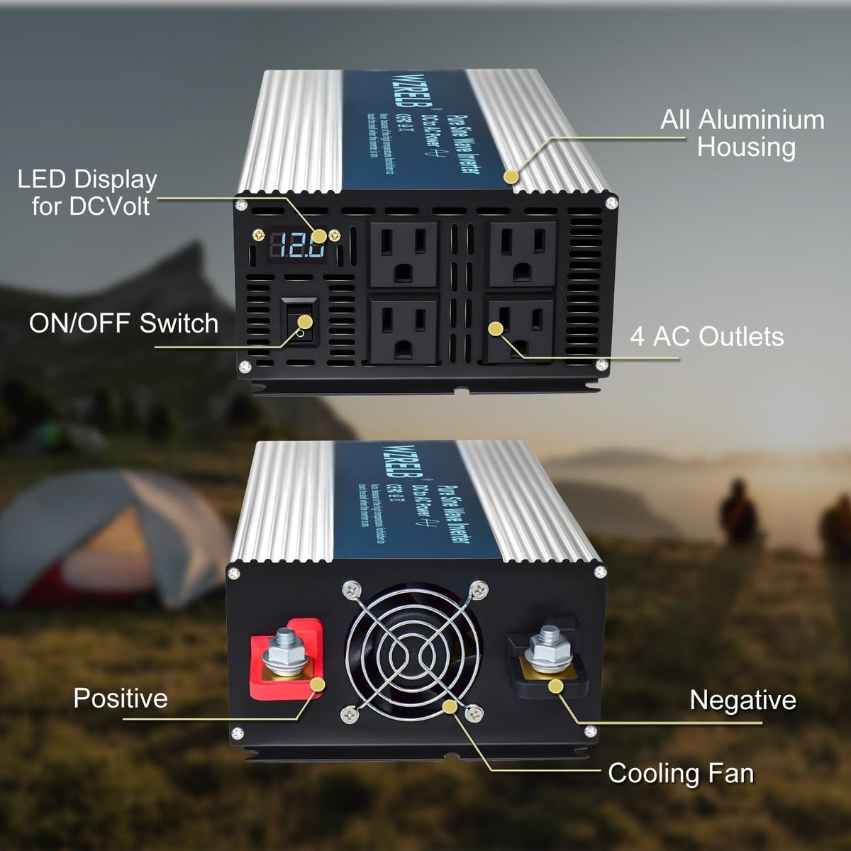 WZRELB 2000W Pure Sine Wave Inverter 36V DC to 110V 120V AC, Car Power Inverter with 4 AC Outlets, LED Display,Off-Grid Portable Power Converter for Home, RV, Truck, Camping