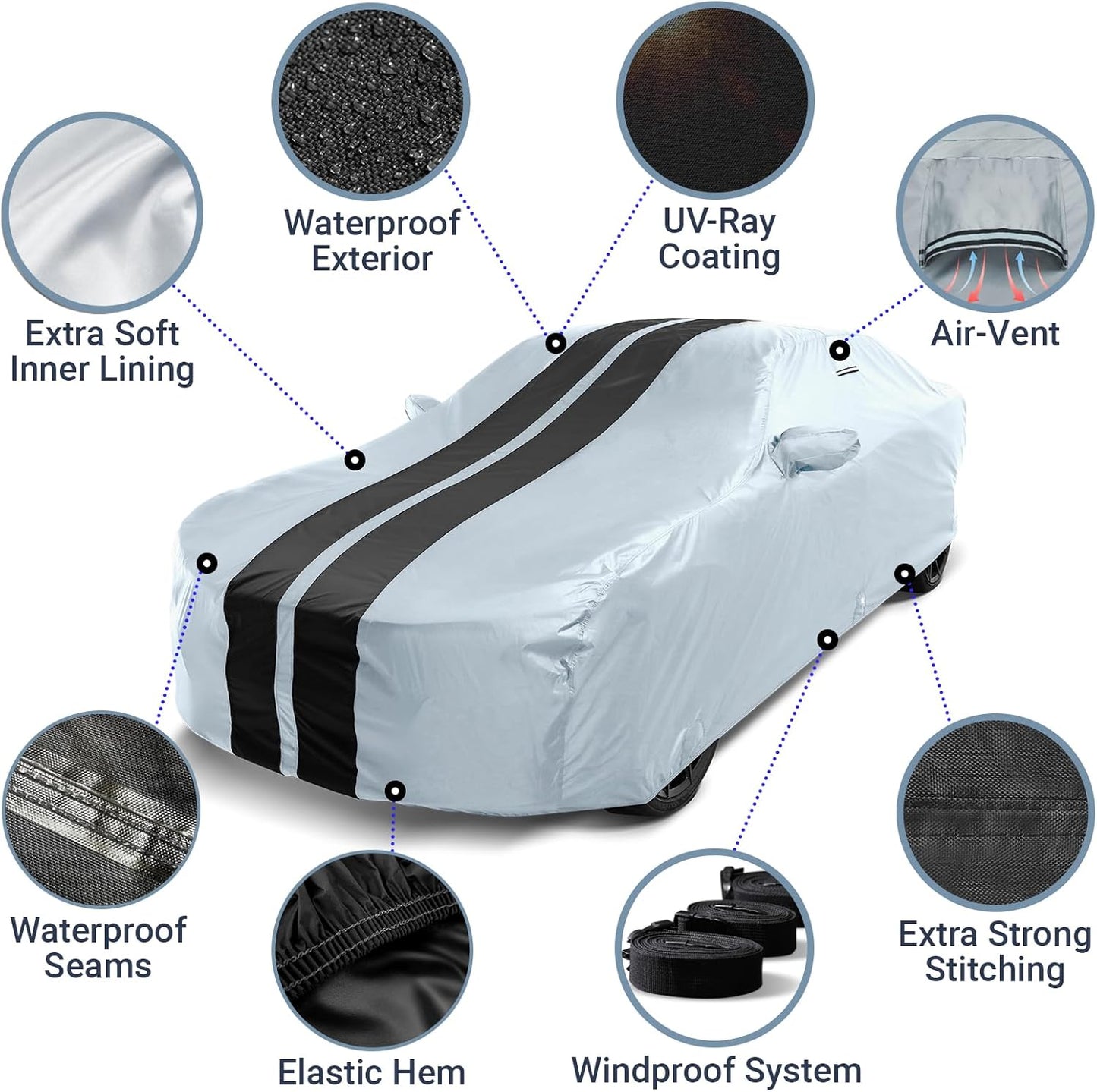iCarCover Custom Car Cover for Pontiac 6000 2-Door, 4-Door (1982-1991) Waterproof All-Weather Rain Snow UV Sun Protector Full Exterior Indoor Outdoor Car Cover (Stripe - Gray/Black)