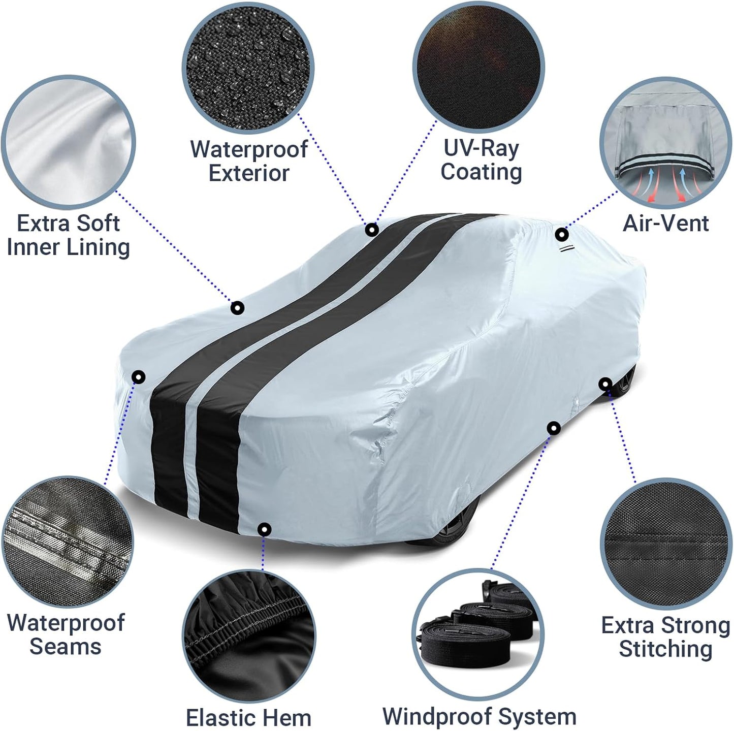 iCarCover Custom Car Cover for Pontiac Parisienne 2-Door, 4-Door, Wagon (1959-1964) Waterproof All-Weather Rain Snow UV Sun Protector Full Exterior Indoor Outdoor Car Cover (Stripe - Gray/Black)