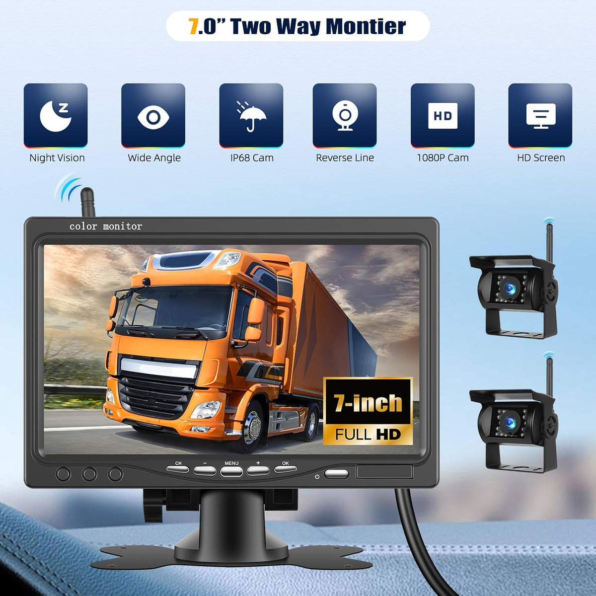 Wireless Vehicle Backup Camera System,7 Inch Reverse Camera Monitor for 2 Backup Cameras with IP69 Waterproof Night Vision Backup Camera Front Rear View Camera for Truck/RV/Van/SUV/Pickup