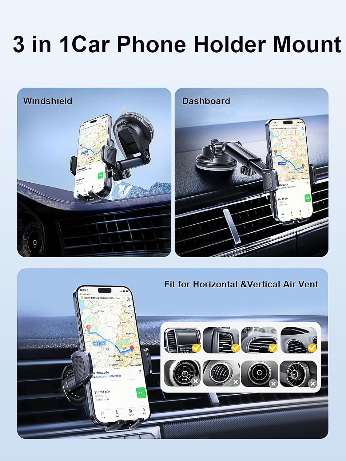 [2025 Most Stable FlexGrip™ Suction] 3-in-1 Car Phone Holder, Cell Phone Car Mount Fit for Vent/Dashboard/Windshield, All Phones, iPhone, Samsung and More