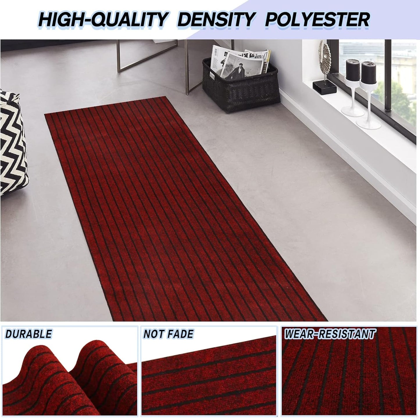 Custom Size Backed Non-Slip Area Rugs Runner, Easy Clean, Waterproof Runner Rugs for Hallway Entryway, Kitchen, Laundry, 3FT x 16FT, Red Stripe