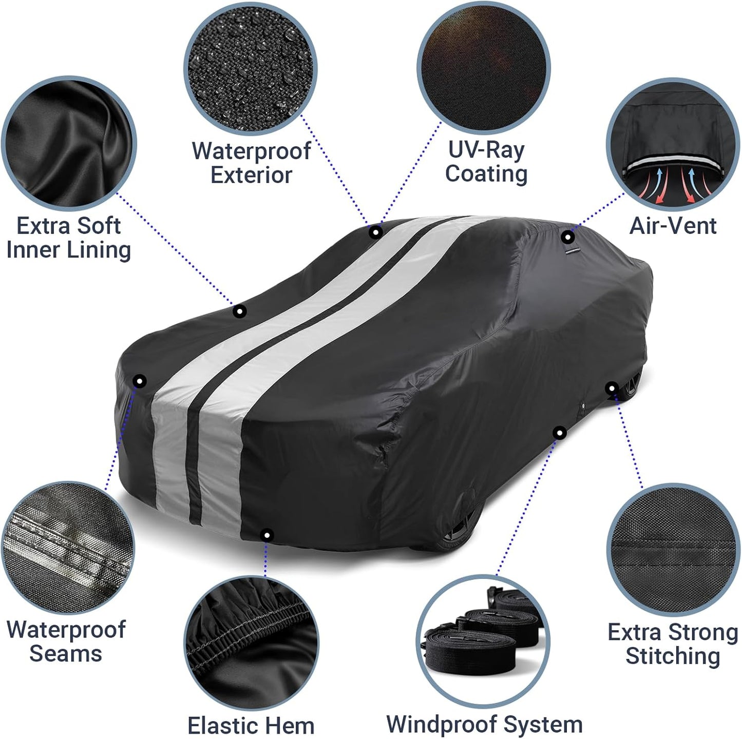 iCarCover Custom Car Cover for Pontiac Parisienne 4-Door (1971-1976) Waterproof All-Weather Rain Snow UV Sun Protector Full Exterior Indoor Outdoor Car Cover (Stripe - Black/Gray)