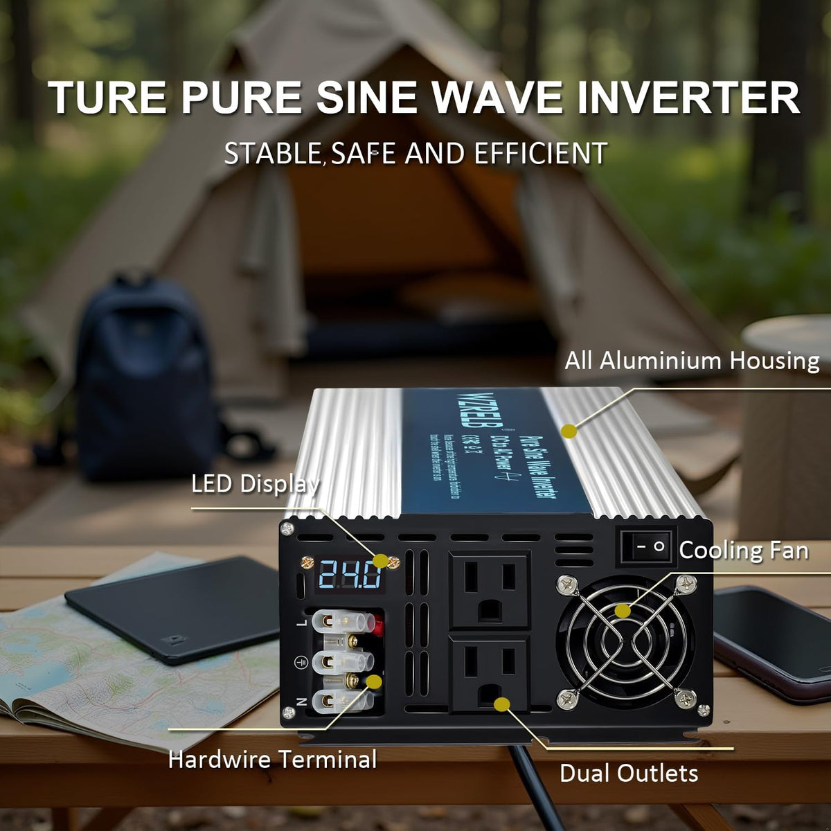 WZRELB 3500W Pure Sine Wave Inverter, Car Power Inverter 24V DC to 110V 120V AC Converter for RV, Truck, Solar, Outdoor with Dual AC Outlets, Hardwire Port, Surge 7000W, LED Display,Off-Grid