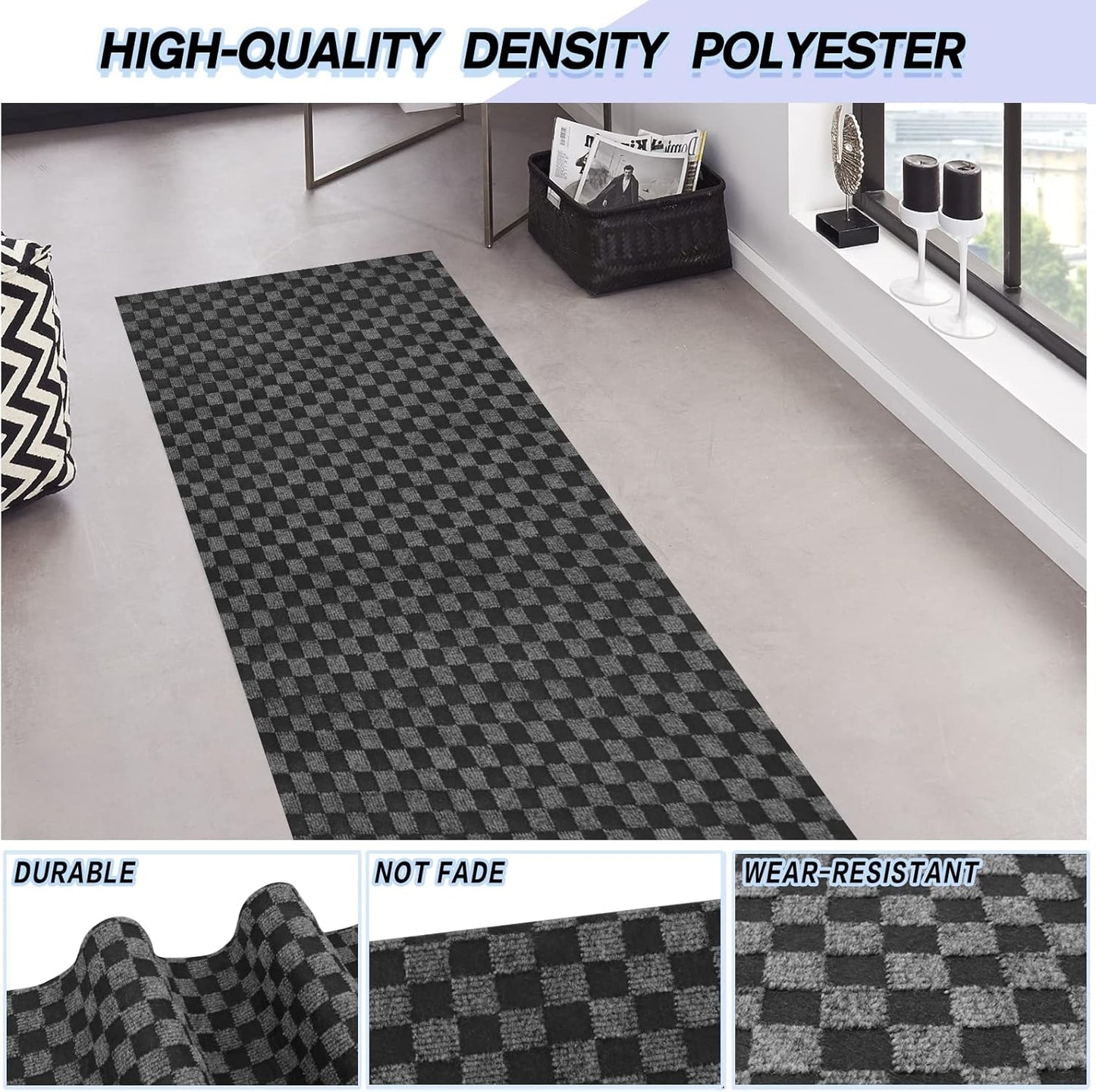 Custom Size Backed Non-Slip Area Rugs Runner, Easy Clean, Waterproof Runner Rugs for Hallway Entryway, Kitchen, Laundry, 3FT x 28FT, Gray Checkered