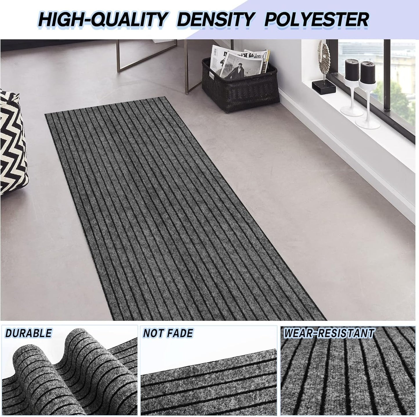 Custom Size Backed Non-Slip Area Rugs Runner, Easy Clean, Waterproof Runner Rugs for Hallway Entryway, Kitchen, Laundry, 3FT x 33FT, Gray Stripe