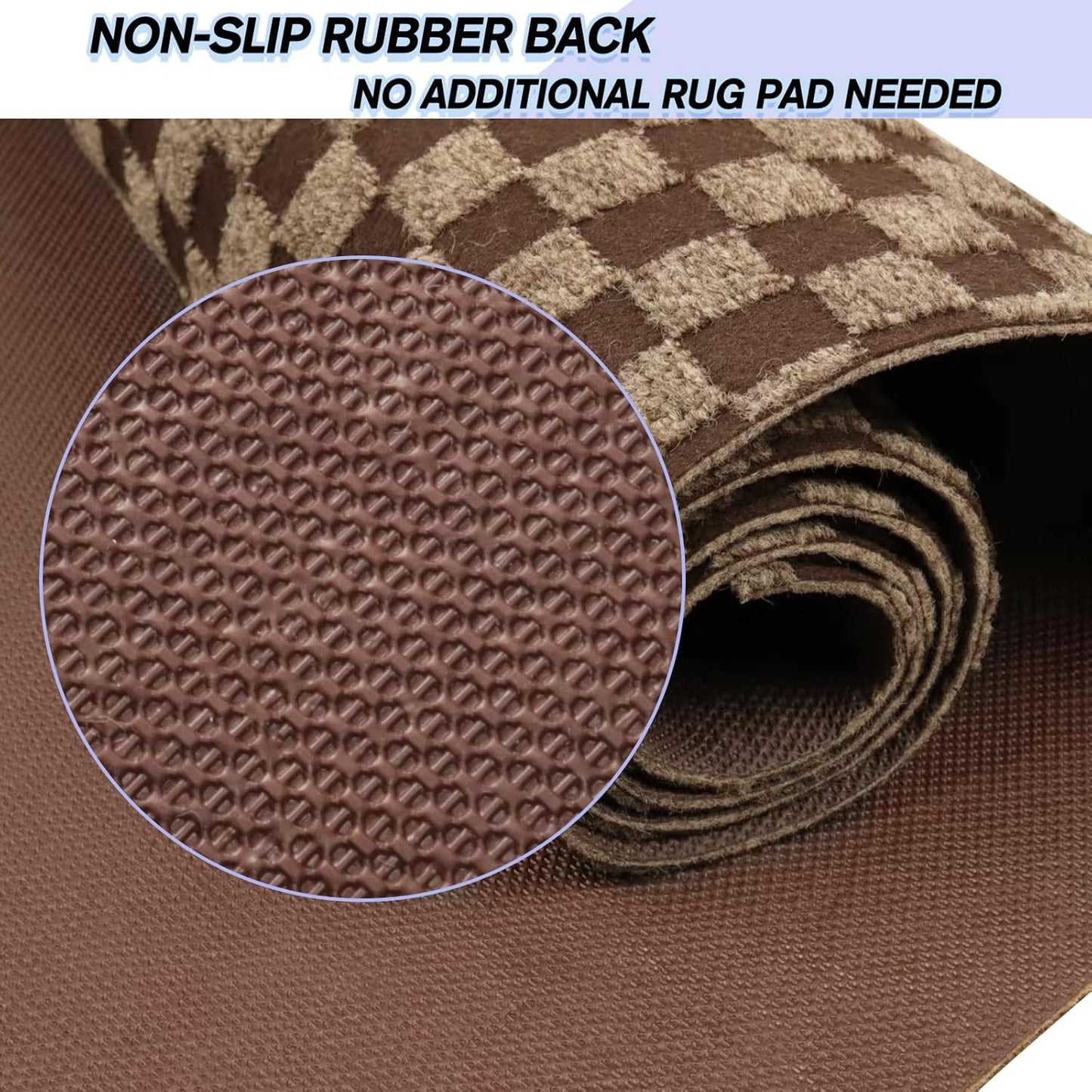 Custom Size Backed Non-Slip Area Rugs Runner, Easy Clean, Waterproof Runner Rugs for Hallway Entryway, Kitchen, Laundry, 3FT x 63FT, Brown Checkered