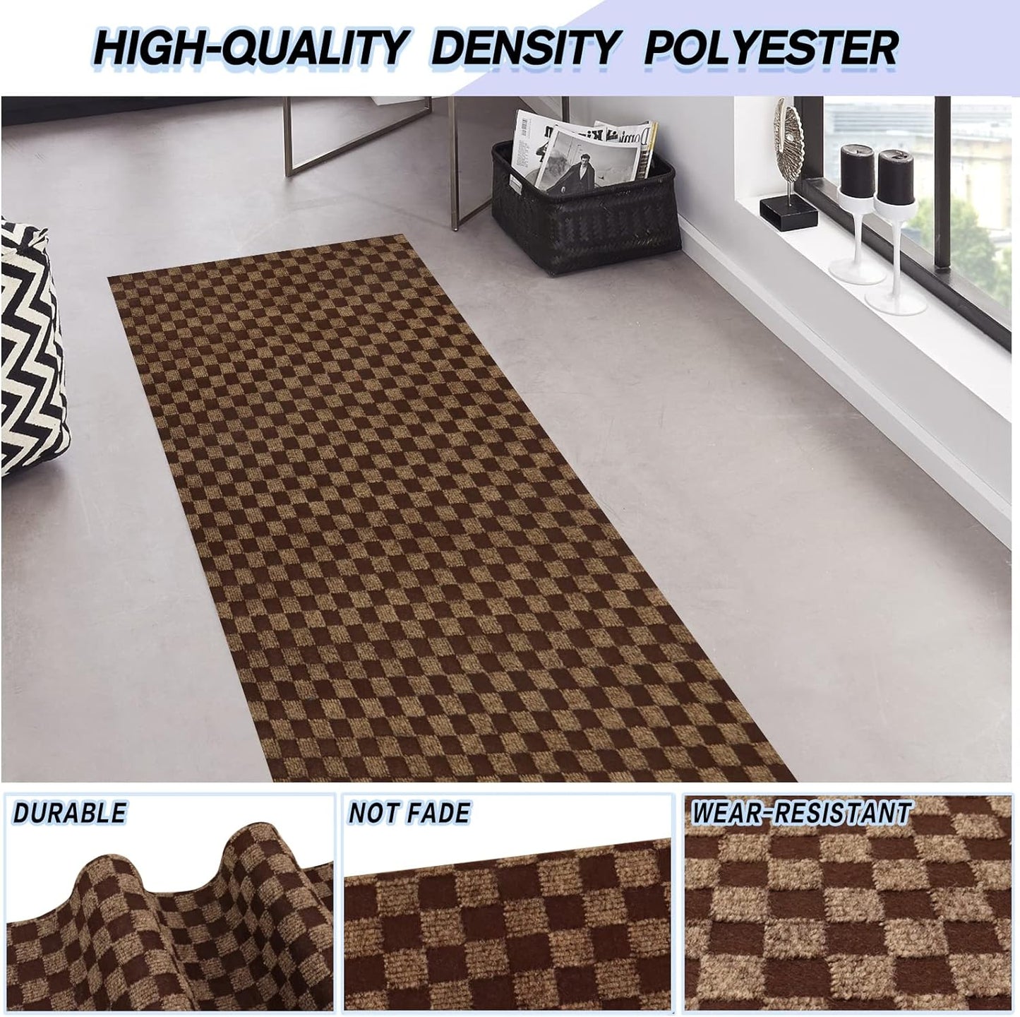 Custom Size Backed Non-Slip Area Rugs Runner, Easy Clean, Waterproof Runner Rugs for Hallway Entryway, Kitchen, Laundry, 3FT x 59FT, Brown Checkered