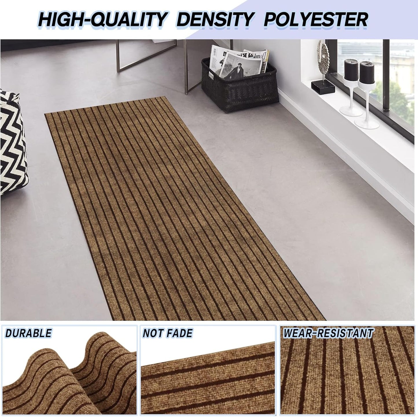 Custom Size Backed Non-Slip Area Rugs Runner, Easy Clean, Waterproof Runner Rugs for Hallway Entryway, Kitchen, Laundry, 4FT x 82FT, Brown Stripe
