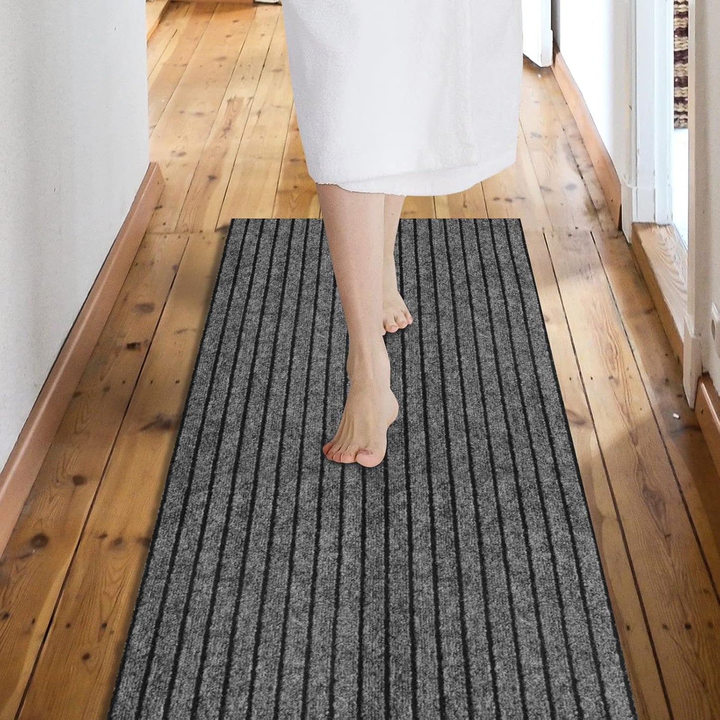 Custom Size Backed Non-Slip Area Rugs Runner, Easy Clean, Waterproof Runner Rugs for Hallway Entryway, Kitchen, Laundry, 2FT x 14FT, Gray Stripe