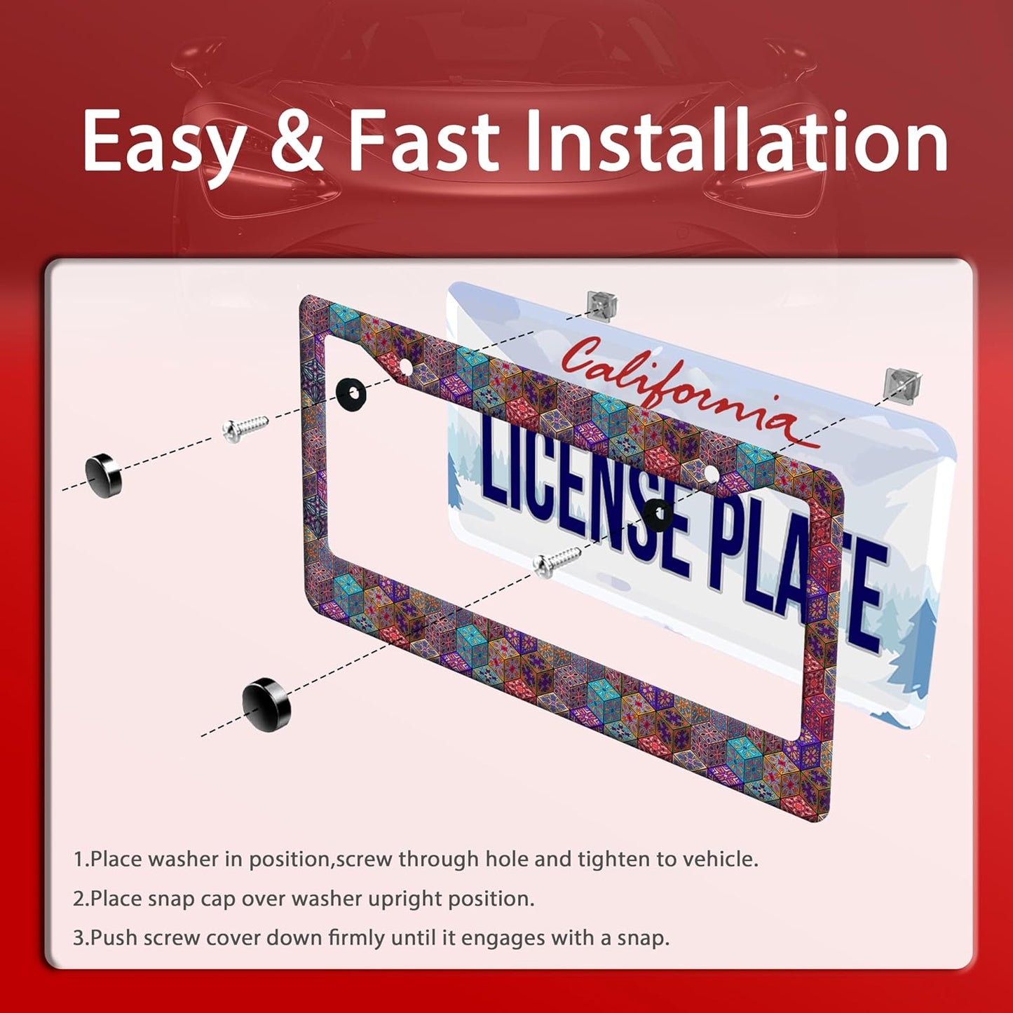 Mexican Tiles License Plate Frame Three-Dimensional Tiles License Plate Frames Stainless Steel Accessories Cars Decor with 2 Holes and Screws Fits Standard US CA Vehicles Size 12.2 x 6 Inches