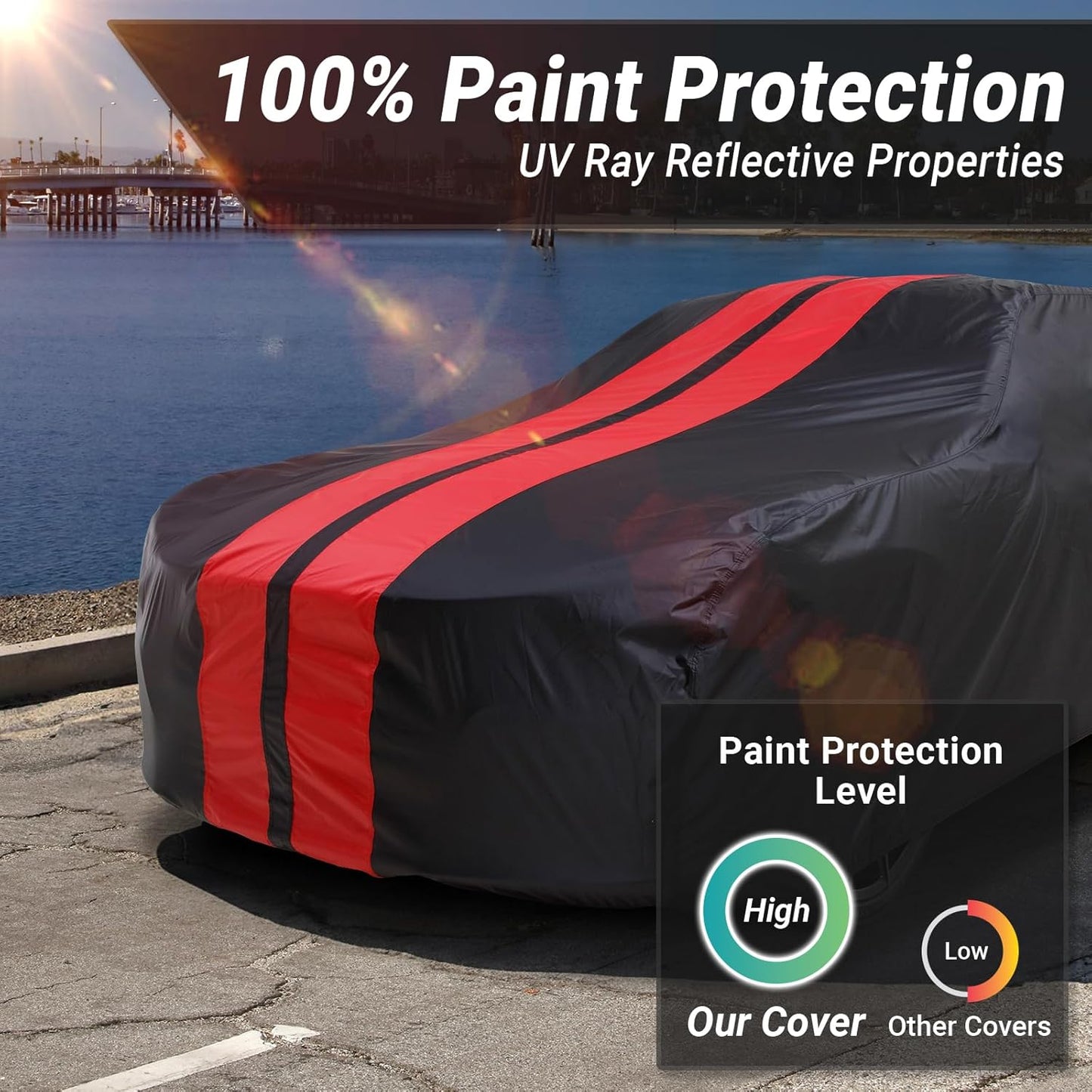 iCarCover Custom Car Cover for Pontiac Lemans 2-Door, 4-Door (1978-1981) Waterproof All-Weather Rain Snow UV Sun Protector Full Exterior Indoor Outdoor Car Cover (Stripe - Black/Red)