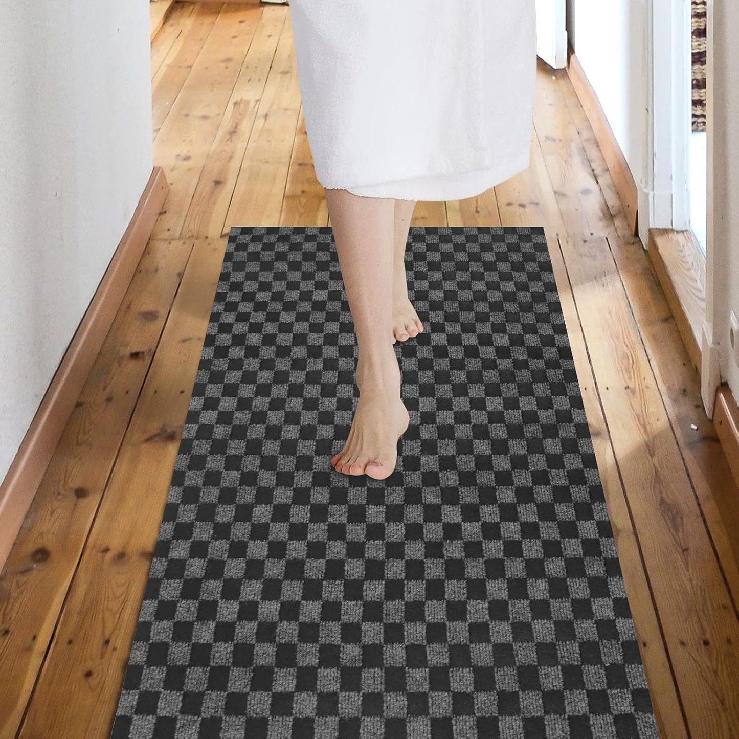 Custom Size Backed Non-Slip Area Rugs Runner, Easy Clean, Waterproof Runner Rugs for Hallway Entryway, Kitchen, Laundry, 4FT x 66FT, Gray Checkered