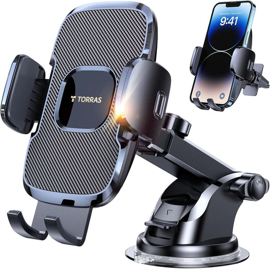 TORRAS [Ultra-Durable Cell Phone Holder for Car, Universal Mount Dashboard Windshield Vent Compatible with iPhone 16 15 14 13 12 Pro Max, Samsung Galaxy S23+ Ultra S10 Note Plus