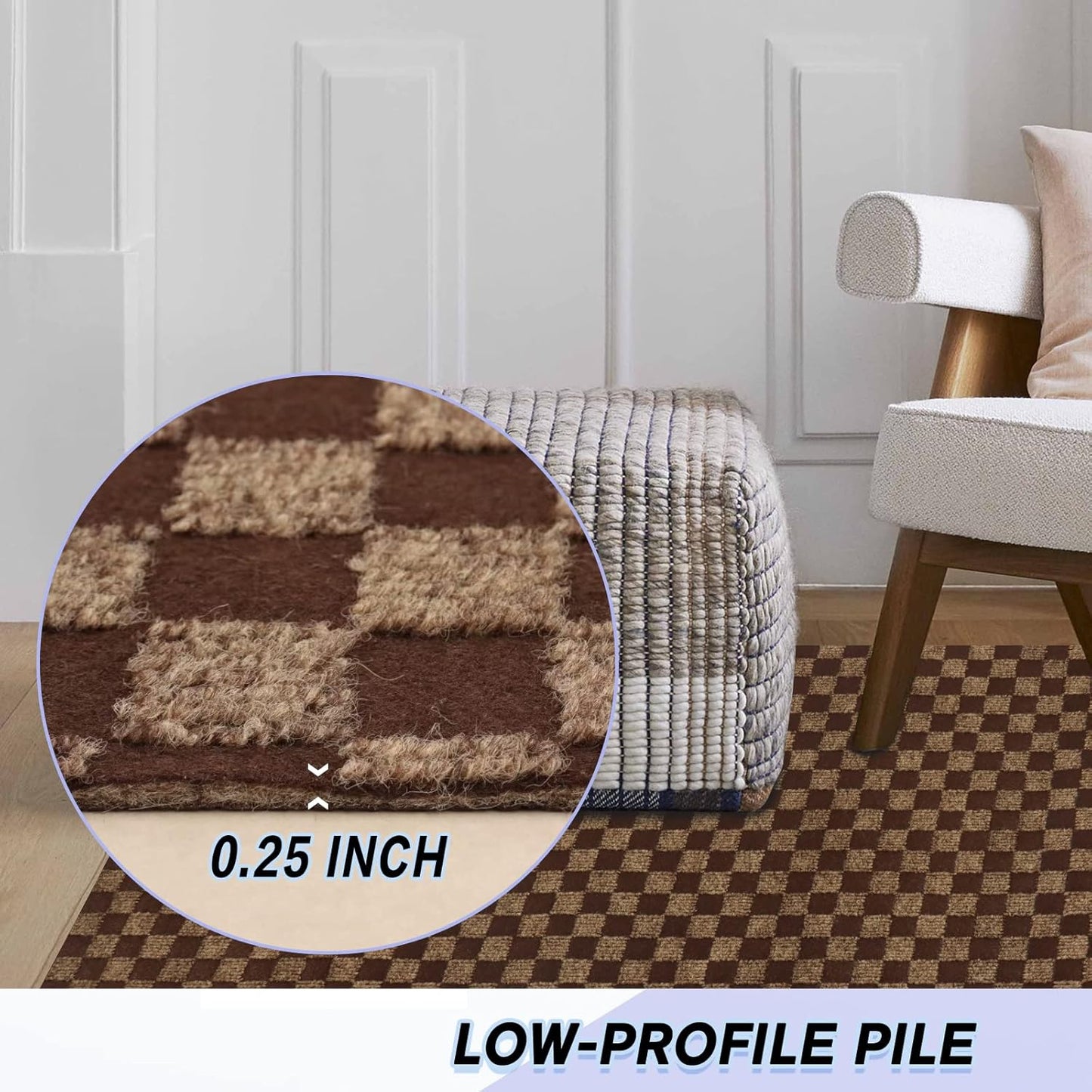 Custom Size Backed Non-Slip Area Rugs Runner, Easy Clean, Waterproof Runner Rugs for Hallway Entryway, Kitchen, Laundry, 3FT x 81FT, Brown Checkered